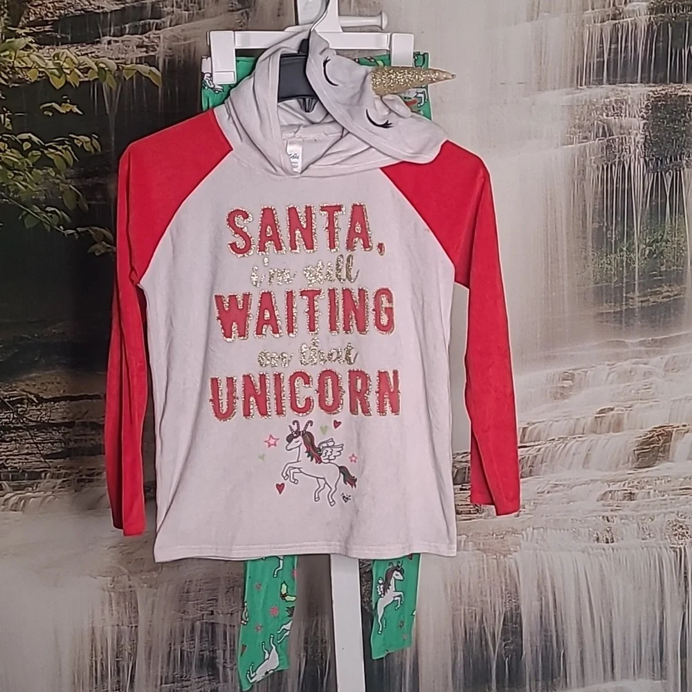 Justice Girls 10 matching set Holiday pajama pants & top unicorn Christmas Set